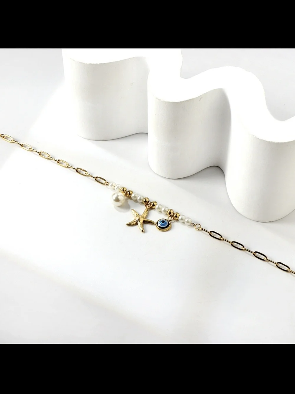 Gold Pearl Starfish Charm Anklet with Blue Evil Eye - Women Jewelry